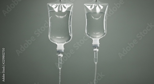 Two clear intravenous drip bags hanging against a gray background
