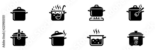 Saucepan icon set. Boiling water with ladle, pot on gas stove, pressure cooker and slow cooker. Vector illustration.