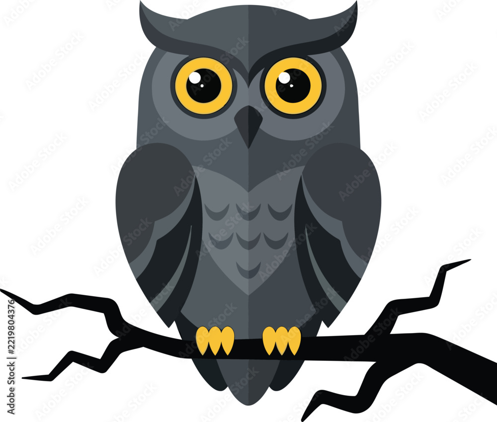 Obraz premium A stylized flat design illustration of a dark grey owl with bright yellow eyes perched on a bare, dark tree branch against a white background.