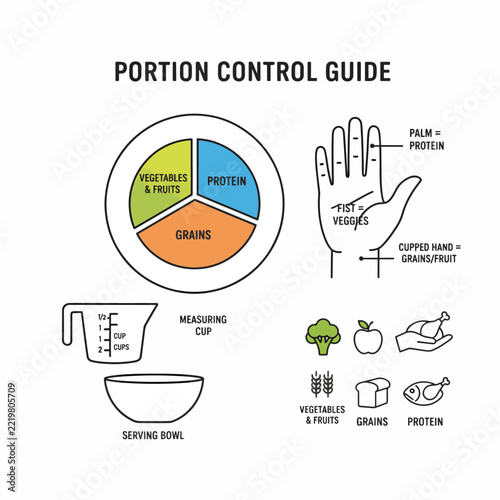 Portion Control Guide with Hand and Food Items Illustration.