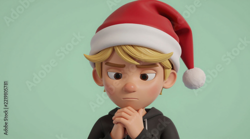 Anxious Christmas Child Character in Red Santa Hat Waiting and Thinking with Hope Isolated 3D Illustration. Worried or Thinking Cartoon Boy in Santa Hat