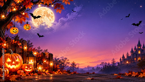 満月と光るかぼちゃが彩るハロウィンの森、紫色の夜空と遠くの古城が幻想的な秋の背景