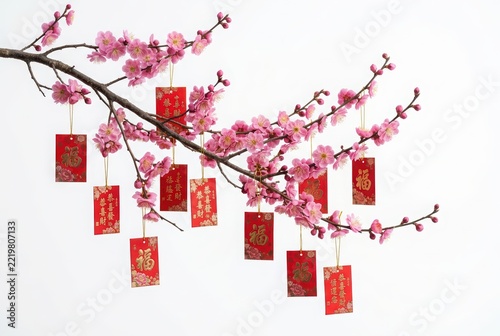 Chinese New Year Festive Branch with Pink Plum Blossoms and Traditional Red Envelopes on White Background