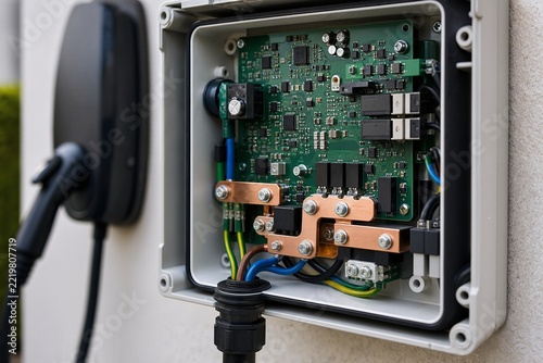 Electric car charging equipment with detailed circuit board and connections. Smart charger components include intricate wiring and connectivity, showcasing advanced technology for electric vehicles.