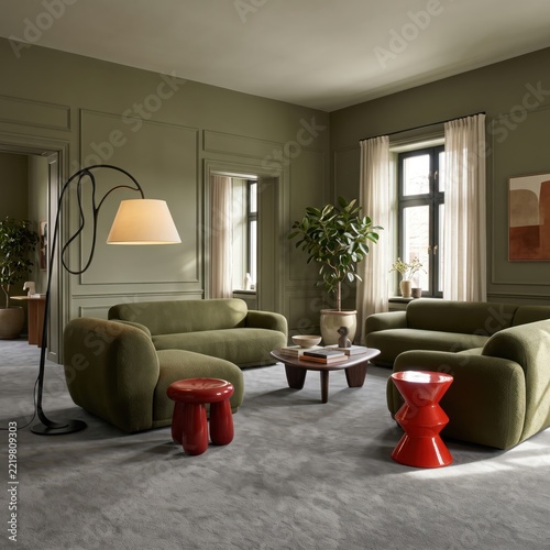 Modern green living room with red stool, minimalist lounge interior with olive green rounded sofas, a black sculptural floor lamp with cream shade, a small glossy red side table, gray carpet and muted