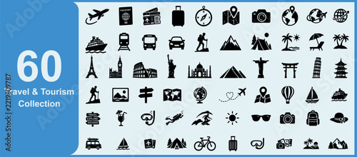 Travel and tourism silhouette collection, vacation adventure symbols, holiday destination icons