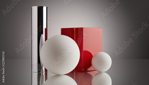 Geometric shapes in a still life composition with reflective surfaces.