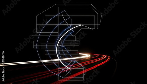 Abstract light trails and geometric shapes overlay on a dark background.