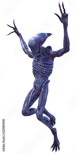 3D Rendering Blue Alien on White