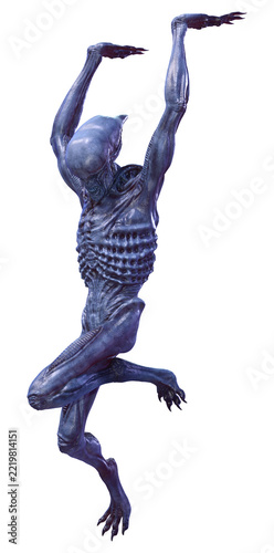 3D Rendering Blue Alien on White