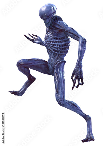 3D Rendering Blue Alien on White