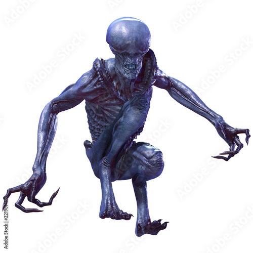3D Rendering Blue Alien on White