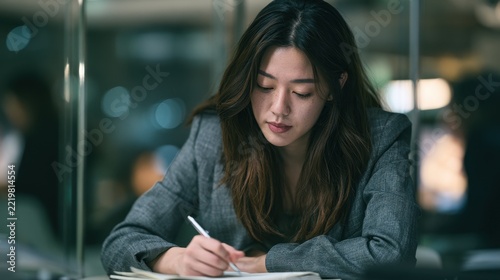 Focused young woman writing in a notebook at a desk in a professional office