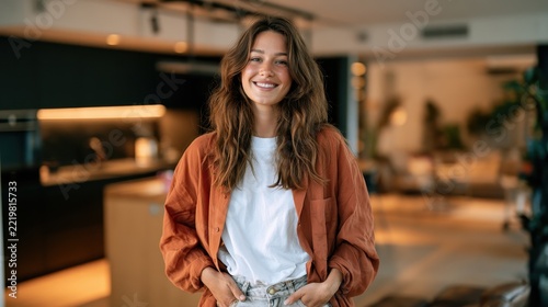 Smiling young woman in casual attire standing in a bright modern home interior