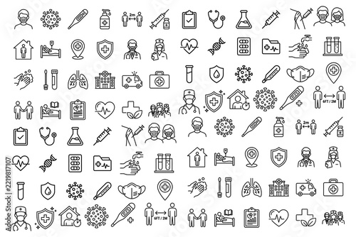 Healthcare and medical line icons set on a white background including virus and protection symbols
