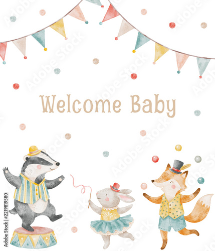 Watercolor baby shower invitation featuring cute circus animals. A badger, bunny, and fox perform tricks beneath festive bunting. Welcome Baby text greets the arrival.