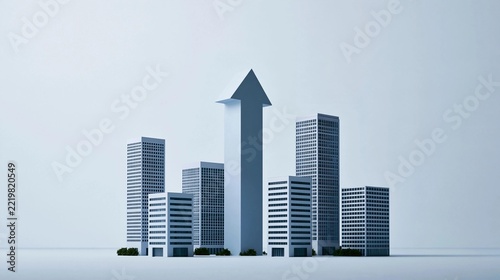 Group of six tall skyscrapers in a cityscape. the tallest building in the center is a tall, white tower with an arrow pointing upwards. the tower appears to be made of glass and has multiple levels.