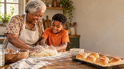 Grandmother and grandson kneading bread dough together in a rustic kitchen