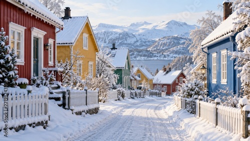 Colorful Timber Houses Lining a Snow Covered Village Street by Mountains
