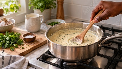 Hand stirring a creamy herb sauce in a plain metal saucepan by daylight
