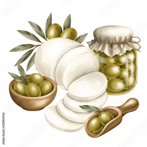 Mozzarella cheese with green olives, olive branches and jar of preserved olives, Italian food illustration