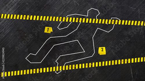 Crime Scene Chalk Outline with Evidence Markers and Police Tape