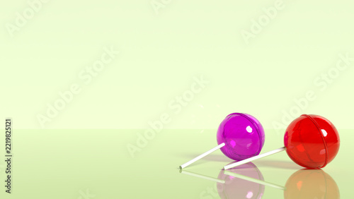 Minimalist Lollipop Background with Red and Purple Candies on Reflective Surface