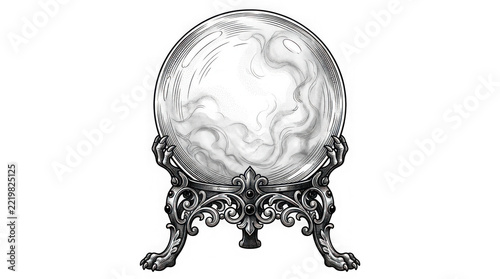 Crystal Ball on Metal Stand, Vintage Illustration, Antique Design, Divination Tool, Fortune Telling, Mystical Concept
