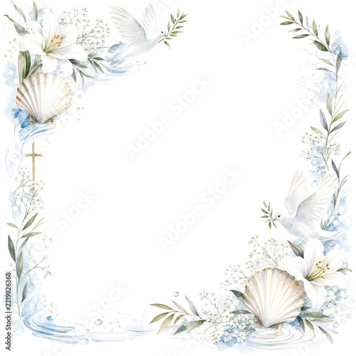 Watercolor Christening Corner Borders With Scallop Shell And Lilies