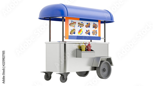 Stainless steel mobile hot dog cart with blue canopy and condiment bottles