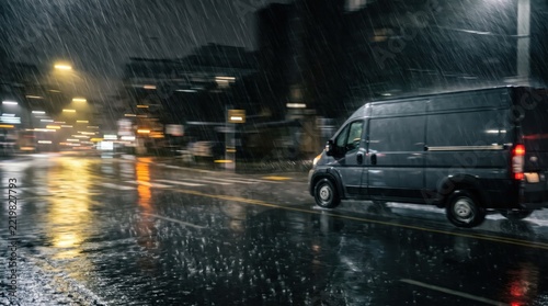 Delivery van driving through heavy rain on city street at night. Motion blur captures the urgency of logistics during a peak season rush.