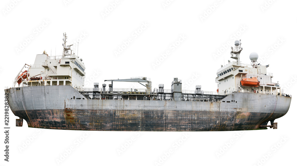 Fototapeta premium Large industrial oil tanker cargo ship with weathered grey hull and white deck