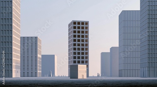 Group of tall, modern skyscrapers in a cityscape. the buildings are arranged in a grid-like pattern, with each building having a unique design and shape.