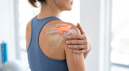 Shoulder Pain with Anatomical Bone and Rotator Cuff Overlay, Joint Inflammation and Orthopedic Healthcare Concept