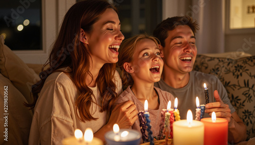 Family joyfully singing during Hanukkah in cozy living room, togetherness