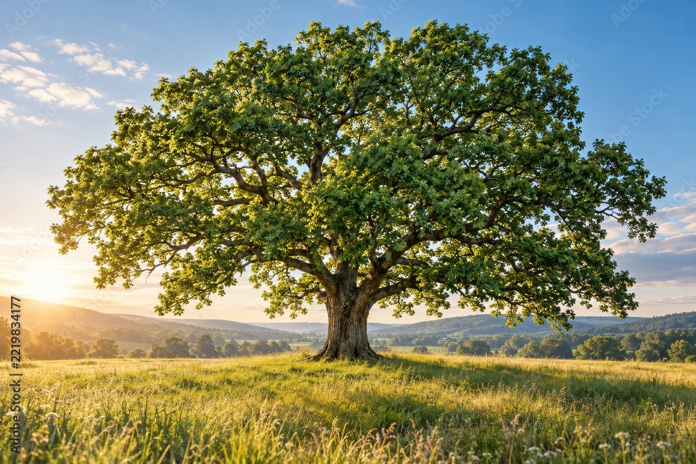 Fototapeta premium Majestic Leafy Oak Standing Alone in a Sunlit and Open Summer Meadow