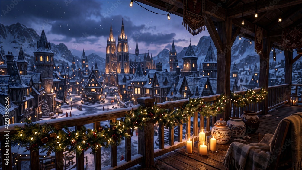 Fototapeta premium Winter balcony view of a snowy medieval town decorated for Christmas