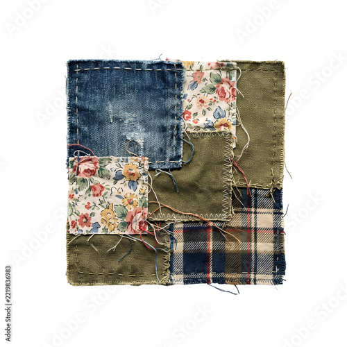 Upcycled fabric swatch with loose threads and denim canvas floral patches isolated. Rustic patchwork textile piece png. Recycled sewing craft material isolated.