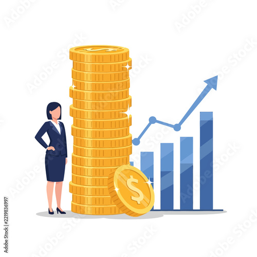 Woman, Stack of Gold Coins, Growth Chart, Financial Success, Investment