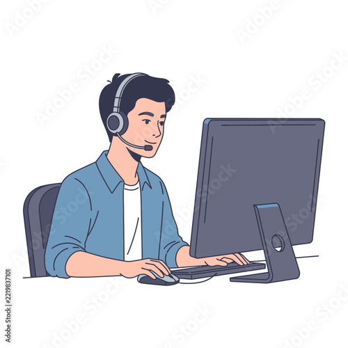 Young Man with Headset Working on Computer, Online Support, Gaming, Digital Communication
