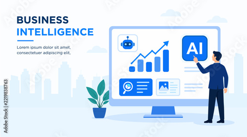 Business intelligence concept with AI technology and data analytics. a businessman point to AI, robot assistant, screen, chart and digital dashboard, business growth. vector flat design.