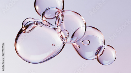 斜めに連なる大きな透明バブルと艶やかな美容成分をイメージした背景 / Large translucent bubbles in a diagonal chain for glossy cosmetic ingredient and skincare concepts