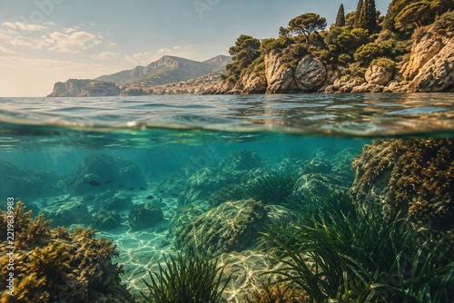 Vintage Toned Marine Landscape with Clear Underwater Rocks and Sea Plants