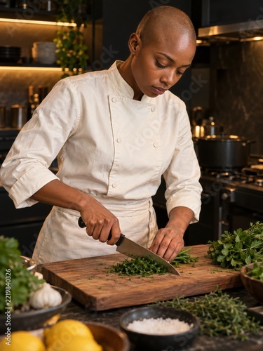 Woman chef chopping fresh herbs on a wooden board in a warm dark kitchen