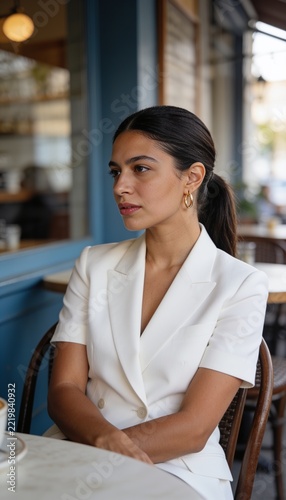 Thoughtful elegant young businesswoman sitting at outdoor cafe