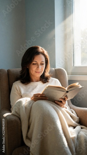 Mature woman relaxing in armchair reading book