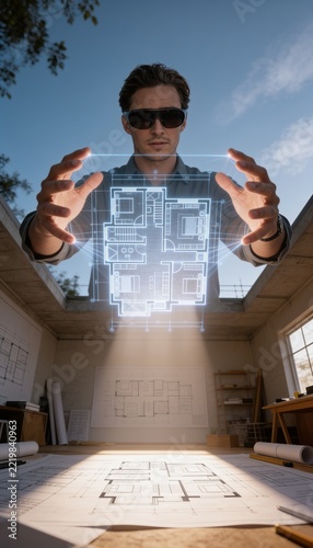Architect manipulating floating architectural floorplan hologram outdoors