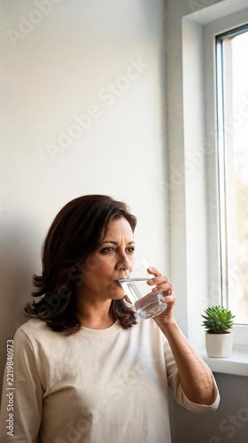 Mature woman drinking fresh water by bright window