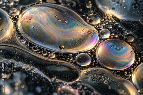 Macro iridescent oil droplets on water, light refraction and abstract fluid texture concept