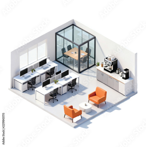 Isometric Modern Office Interior with Workstations and Meeting Room